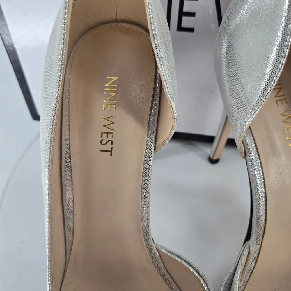 Nine West Edlina Silver Metallic Bow D'Orsay Pointed Toe Stiletto Pumps Heels 8M